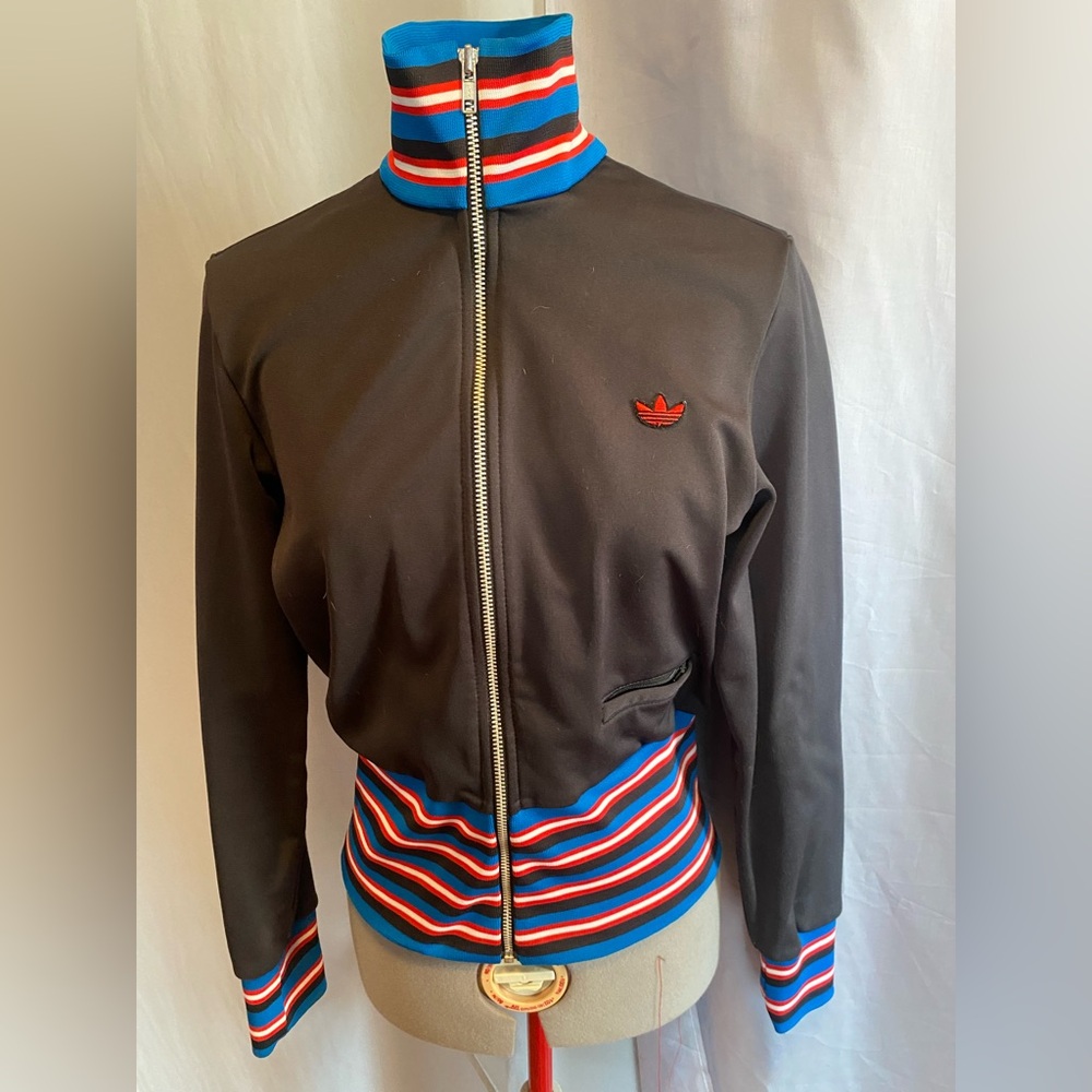 Adidas Black Front Zip Jacket with Blue and Red Accents